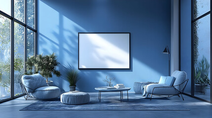 Wall Mural - Modern blue living room with cozy seating and plants.