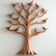 Sticker - A wooden tree with birds on it mounted to a wall, AI