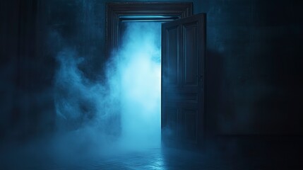 Canvas Print - Mysterious mist through open door at night 