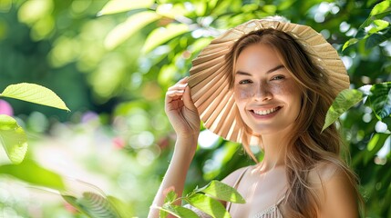 Wall Mural - A woman wearing a straw hat is smiling in a lush green forest