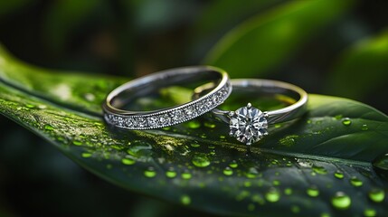 Overlapping male and female diamond rings resting atop a leaf that complements the color and design of the rings.