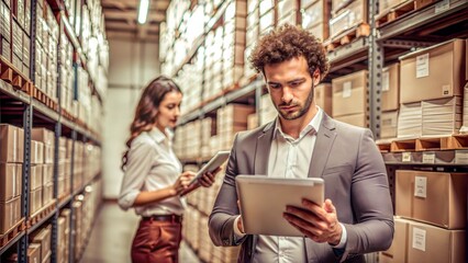 Warehouse Efficiency: Two professionals, a man and a woman, collaborate on inventory management using tablets in a bustling warehouse setting. The image exudes a sense of organization, focus, and tech