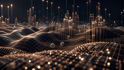 Poster - The Interconnected City: A futuristic metropolis thrives on a grid, bathed in warm light, with a glowing orb signifying global connectivity and sustainable urban development. 