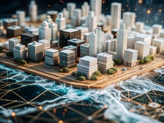 Poster - The Interconnected City: A futuristic metropolis thrives on a grid, bathed in warm light, with a glowing orb signifying global connectivity and sustainable urban development. 