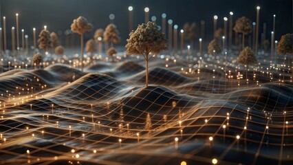 Poster - The Interconnected City: A futuristic metropolis thrives on a grid, bathed in warm light, with a glowing orb signifying global connectivity and sustainable urban development. 