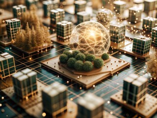 Poster - The Interconnected City: A futuristic metropolis thrives on a grid, bathed in warm light, with a glowing orb signifying global connectivity and sustainable urban development. 