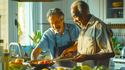 A couple of old interracial gays. Two elderly male friends cook a delicious lunch together in the kitchen. One of them is wearing an apron. They are smiling