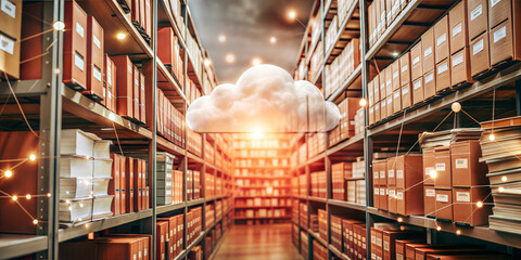 Poster - Cloud Storage:  A modern warehouse, overflowing with boxes, is illuminated by a glowing cloud, symbolizing the transition to digital storage, efficiency, and data security. 