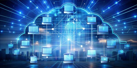 Poster - Cloud Computing: A digital cloud icon representing the vast storage and connectivity of cloud computing, with glowing files and network lines. This abstract image symbolizes data security,