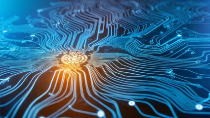 Poster - Digital Brain: A mesmerizing close-up of a circuit board ablaze with energy, symbolizing the power and complexity of artificial intelligence. 