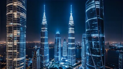 Dubai Skyline at Night: A mesmerizing panorama of Dubai's gleaming skyline at night, with towering skyscrapers piercing the indigo sky, their windows ablaze with light. The scene is a symphony of urba