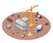 © MicroOne - Isometric building construction. 3d scene of workers and special transport, bulldozer and truck crane. Build yard ground, flawless vector scene