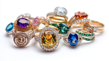 Wall Mural - collection of colored gemstone rings set against a white backdrop, featuring colored diamonds and gemstones