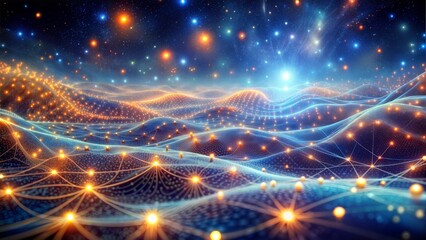 Poster - Cosmic Network: Abstract digital landscape of interconnected glowing lines and nodes, evoking a sense of vastness, interconnectedness, and potential.  Perfect for themes of technology, innovation, dat