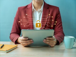 Poster - Cybersecurity Guardian: Businessman Fortifying Digital Defenses with Advanced Technology 