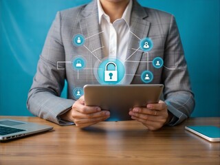 Poster - Cybersecurity Guardian: Businessman Fortifying Digital Defenses with Advanced Technology 