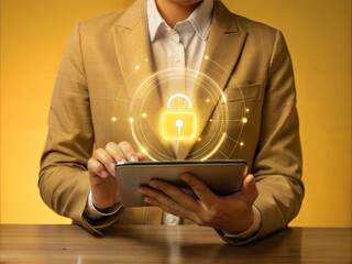 Poster - Cybersecurity Guardian: Businessman Fortifying Digital Defenses with Advanced Technology 