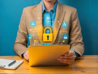 Poster - Cybersecurity Guardian: Businessman Fortifying Digital Defenses with Advanced Technology 