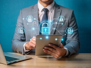 Poster - Cybersecurity Guardian: Businessman Fortifying Digital Defenses with Advanced Technology 