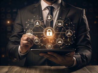 Poster - Cybersecurity Guardian: Businessman Fortifying Digital Defenses with Advanced Technology 