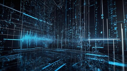 Poster - Cyber Metropolis: A Digital Dawn -  A sprawling cityscape of data, rendered in vibrant teal and orange, rises from a network of circuit boards.
