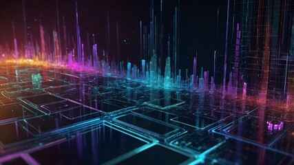 Poster - Cyber Metropolis: A Digital Dawn -  A sprawling cityscape of data, rendered in vibrant teal and orange, rises from a network of circuit boards.