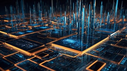 Poster - Cyber Metropolis: A Digital Dawn -  A sprawling cityscape of data, rendered in vibrant teal and orange, rises from a network of circuit boards.