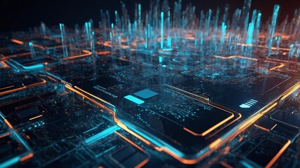 Poster - Cyber Metropolis: A Digital Dawn -  A sprawling cityscape of data, rendered in vibrant teal and orange, rises from a network of circuit boards.