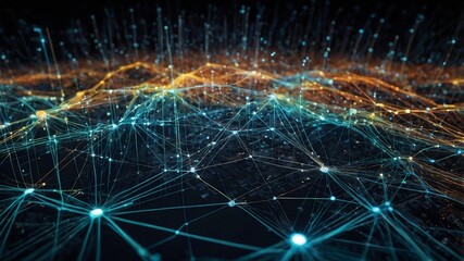 Poster - Global Network: Abstract digital landscape with glowing nodes and interconnected lines, symbolizing global connectivity, data flow, and technological advancement.  