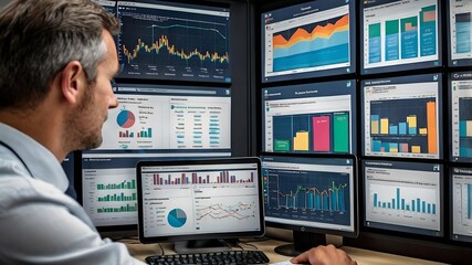 Poster - The Data Analyst: A focused man sits at a desk in a dimly lit control room, scrutinizing data displayed on an array of screens, showcasing the intensity and dedication of a data-driven profession.