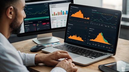 Poster - The Data Analyst: A focused man sits at a desk in a dimly lit control room, scrutinizing data displayed on an array of screens, showcasing the intensity and dedication of a data-driven profession.