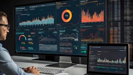 Poster - The Data Analyst: A focused man sits at a desk in a dimly lit control room, scrutinizing data displayed on an array of screens, showcasing the intensity and dedication of a data-driven profession.