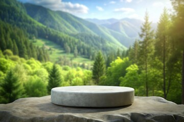 serene mountain vista product display: a minimalist stone podium nestled in nature's embrace, set ag