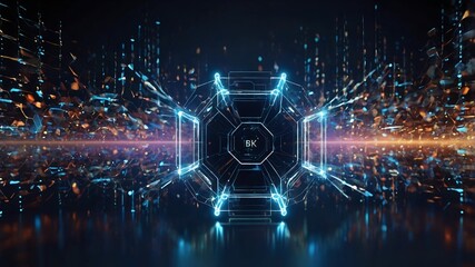 Poster - Quantum Core: A luminous, intricate technological core pulsates with energy, set against a backdrop of digital data streams.  