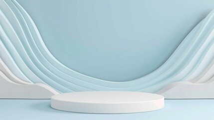 Aufkleber - A minimalistic podium is set against a pastel blue backdrop with wavy lines, creating an elegant space for presentations or showcases