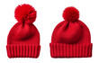 © tohceenilas - Two stylish red beanies with pom-poms, perfect for winter fashion and cozy warmth.