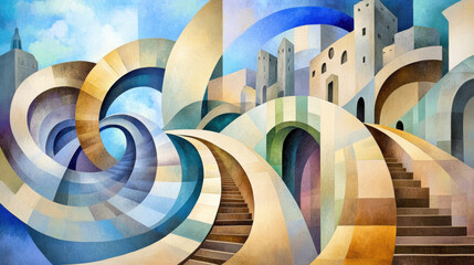 Wall Mural - A painting of a spiral staircase with colorful buildings in the background, AI