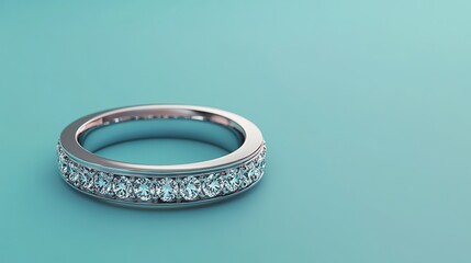 Wall Mural - Diamond-encrusted platinum wedding ring set against a blue studio backdrop gradient. 