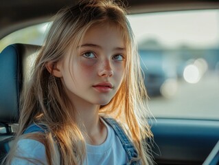 Canvas Print - Young girl in car passenger seat