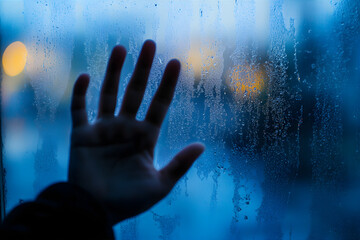 Close up window a hand. Autumn depression concept.