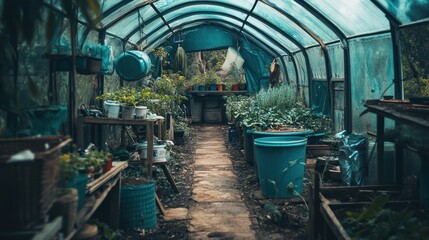 Sticker - A green house with plants growing in pots, with a dirt path and wooden shelves lining the walls.