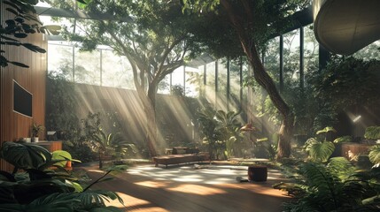 Poster - A modern living space with a lush indoor jungle, sunlight streaming through the glass ceiling, and a wooden floor.