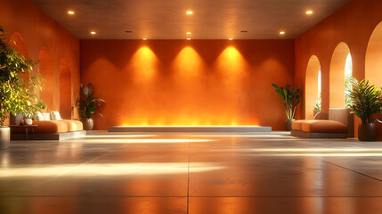 Wall Mural - Modern interior space with warm lighting and greenery.