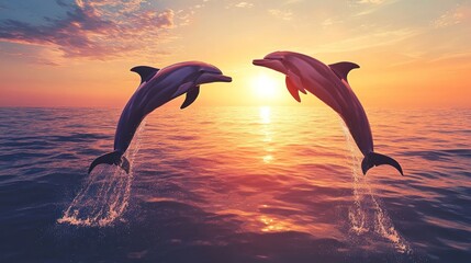 Two Dolphins Leap at Sunset