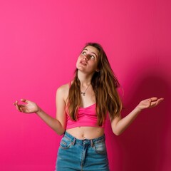 Wall Mural - A beautiful young woman gesturing downwards, isolated on a bright pink background. 