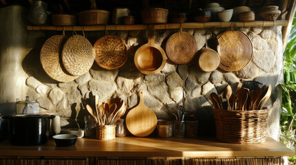 Wall Mural - Filipino kitchen with traditional bamboo and wooden utensils