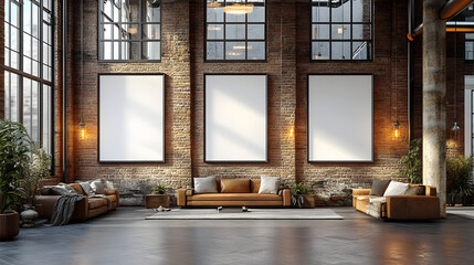 Wall Mural - Modern interior with empty frames and cozy seating area.