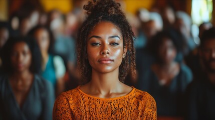 Poster - A woman standing in front of a crowd of people