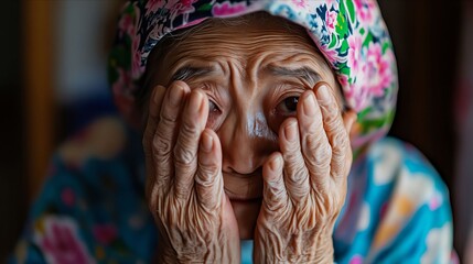 Canvas Print - An old woman with her hands covering her face