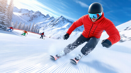 A man in red jacket skiing down a snowy slope with other skiers, AI